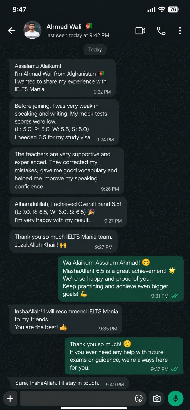 IELTS Mania student testimonial 17